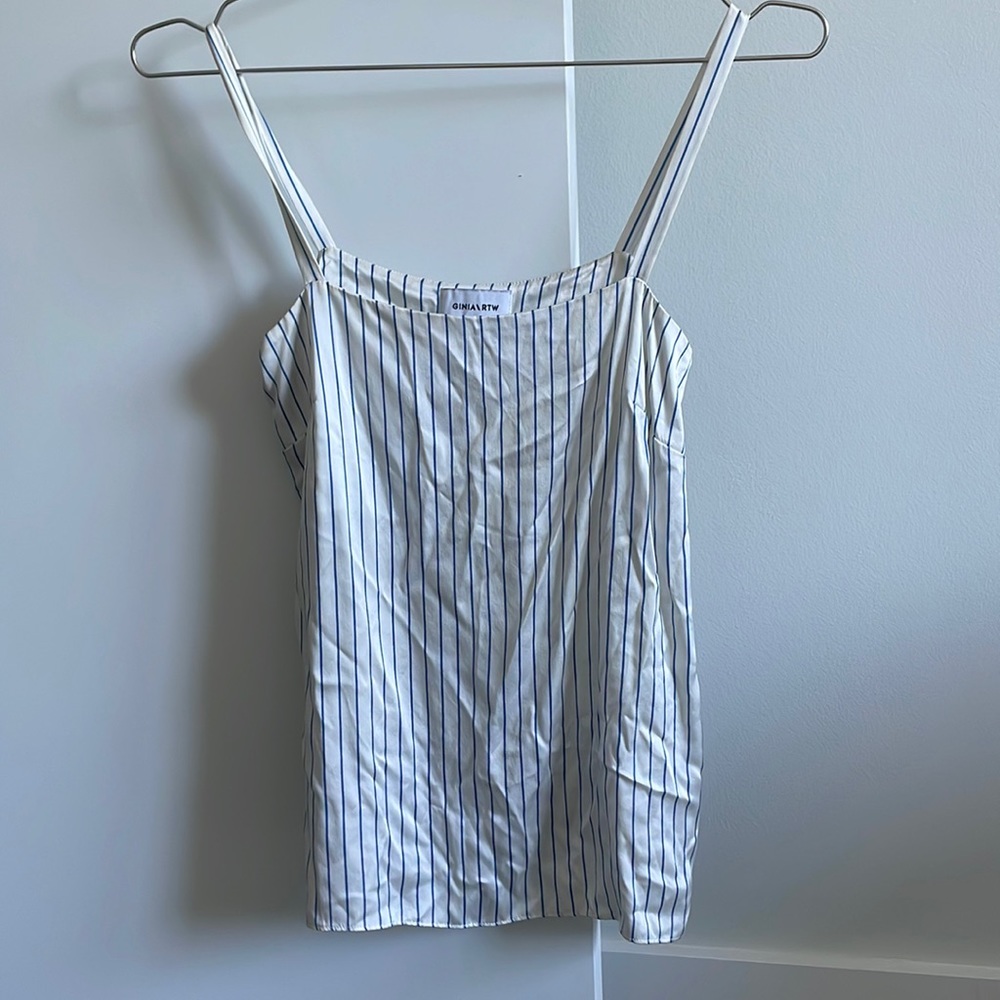 GINIA RTW 100% silk white & blue striped tank top